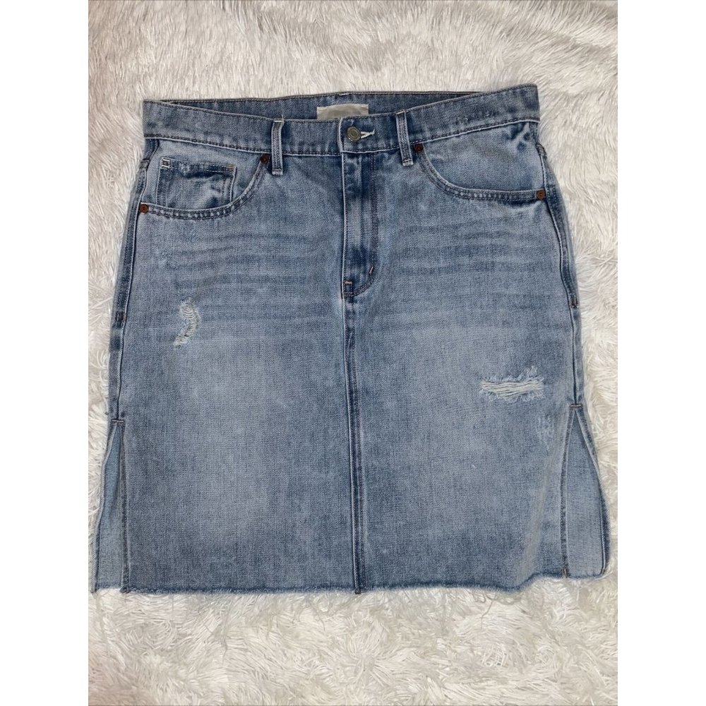 Habitual Denim Skirt Side Slits Distressed Light Blue Wash Size 30 Cutoff Hem